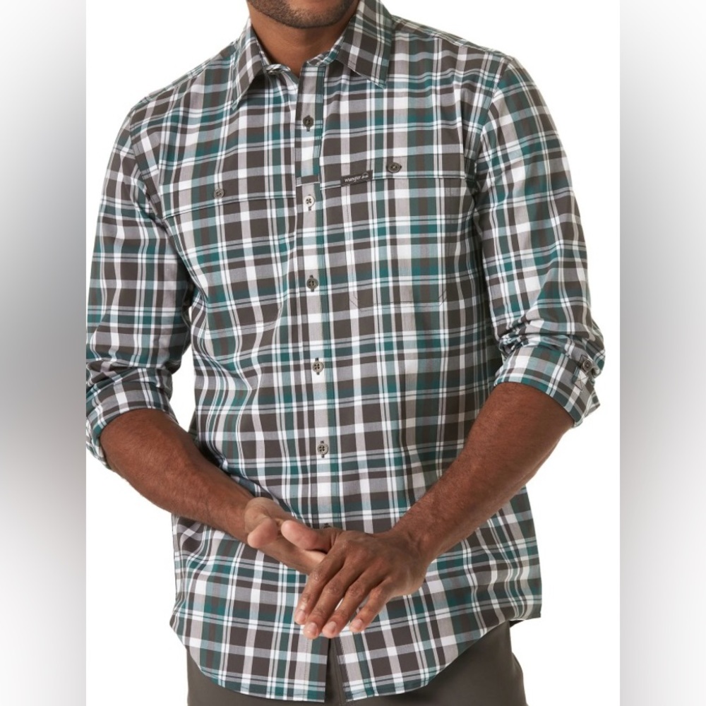 3/$25 NWOT Wrangler Men's Plaid Button Down Shirt - Grey, White and Teal